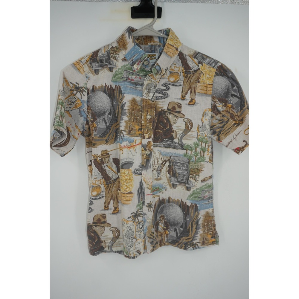 Reyn Spooner Shirt Indiana Jones Print Short Sleeve Button Up Kid's Youth Medium